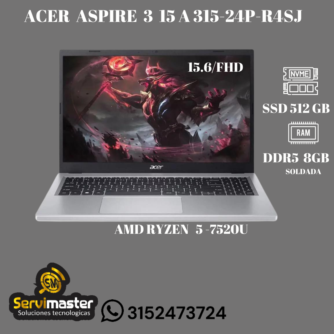 Portatil ACER A315-24P-R4SJ AMD Ryzen 5 7520U SSD 512 GB /RAM  8GB DDR5  15.6 FHD Color pure Silver