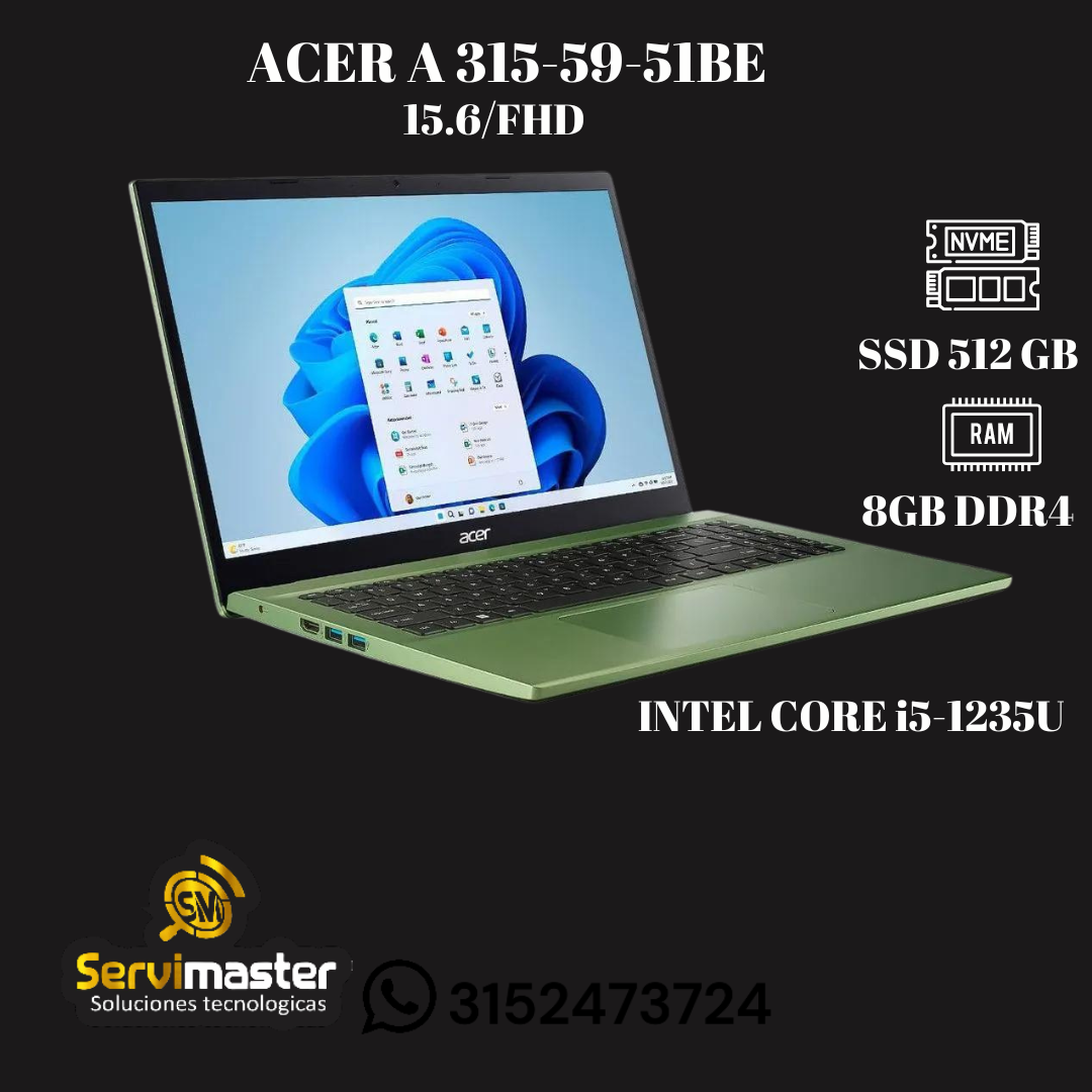 Portatil Acer A315-59-51BE Intel Core i5-1235U/RAM 8GB/SSD 512GB 15.6 Pulgadas Verde