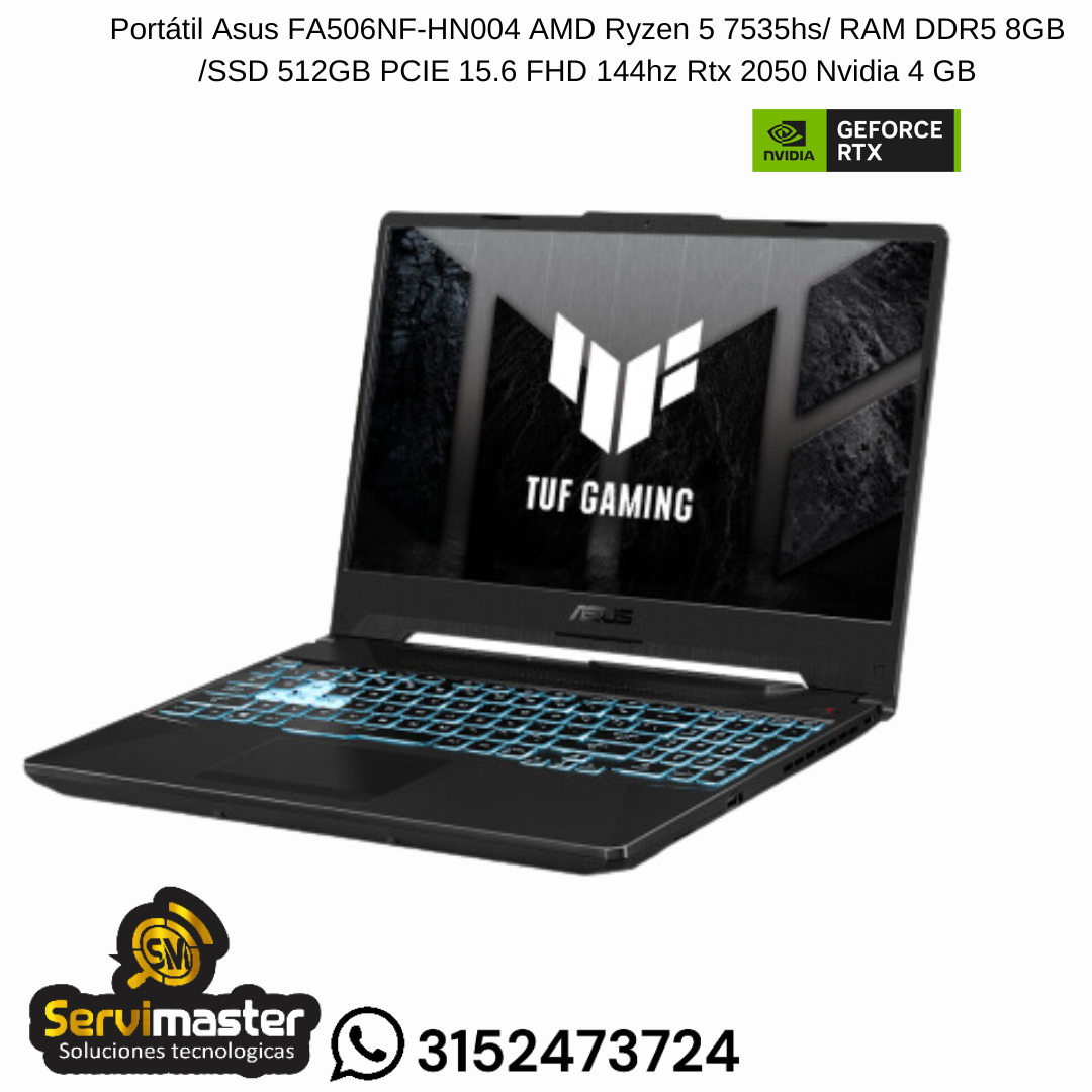 PORTATIL ASUS Procesador: AMD Ryzen 5 7535HS RAM: DDR5-3200 8GB Almacenamiento: SSD 512GB NVME  VVDIA GEOFORCE RTX 2050 4 GB